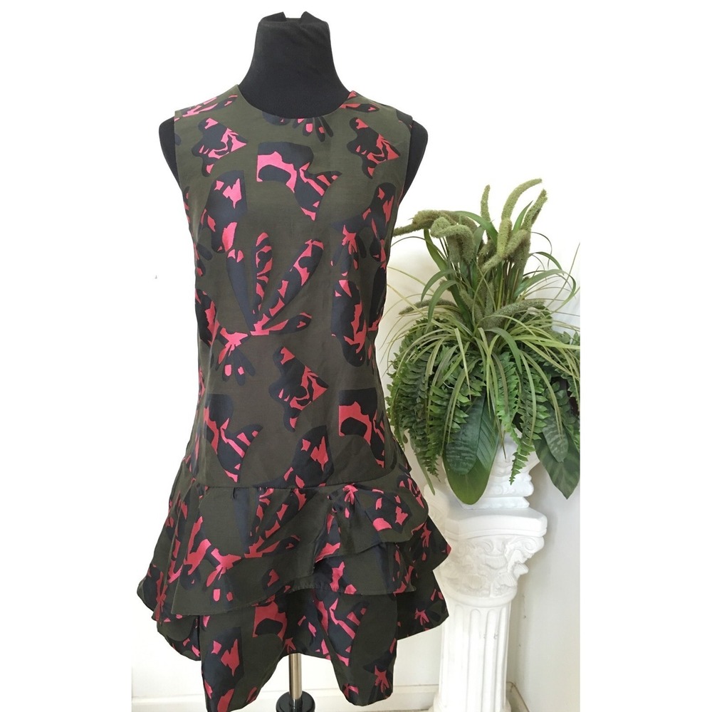 NWT Banana Republic Army Green Multi-Color 3 Tiered Ruffle‎ Dress Size 12P